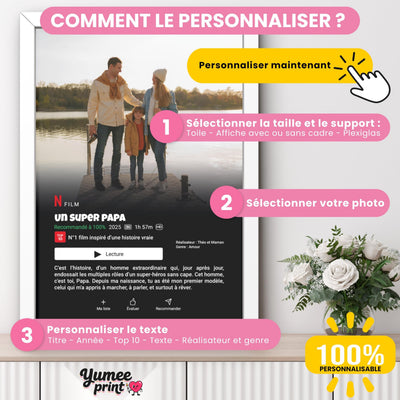 Personnalisez votre affiche façon écran de streaming en portrait : taille et support, votre photo, puis titre, année, texte, réalisateur et genre, livrée chez vous (exemple)