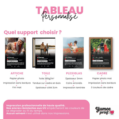 Affiche façon écran de streaming en portrait, quatre finitions : affiche (poster), toile canvas, plexiglas ou cadre ; votre photo et vos textes, livrés chez vous (exemple)