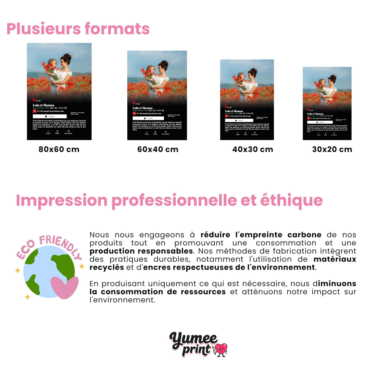 Affiche façon écran de streaming en quatre formats portrait : 80 x 60 cm, 60 x 40 cm, 40 x 30 cm et 30 x 20 cm, avec votre photo et vos textes, livrée chez vous (exemple)