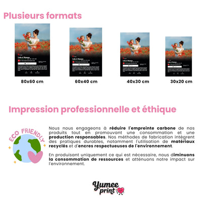 Affiche façon écran de streaming en quatre formats portrait : 80 x 60 cm, 60 x 40 cm, 40 x 30 cm et 30 x 20 cm, avec votre photo et vos textes, livrée chez vous (exemple)