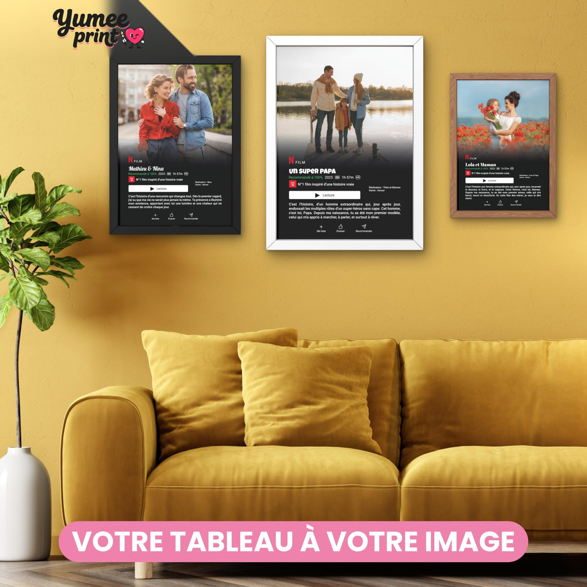 Trois affiches façon écran de streaming en portrait, en cadre noir, blanc et bois : chaque photo devient un film à son titre, imprimées puis livrées chez vous (exemple)