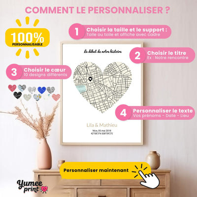 Personnalisez votre carte en cœur : lieu de rencontre, teinte de la carte, couleur de l'épingle, phrase, prénoms, ville et date, puis support et format ; imprimée et livrée chez vous (exemple)