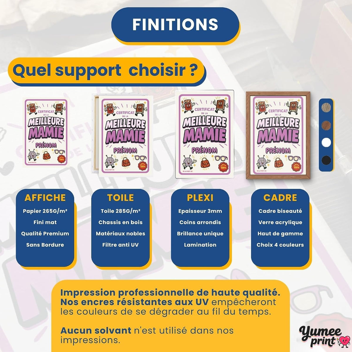 Certificat de la meilleure mamie en quatre finitions : affiche (poster), toile canvas, plexiglas ou cadre ; le cadre existe en noir, blanc, bois clair ou bois foncé, livré chez vous (exemple)