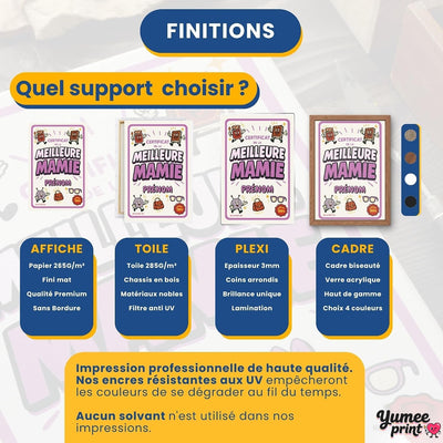 Certificat de la meilleure mamie en quatre finitions : affiche (poster), toile canvas, plexiglas ou cadre ; le cadre existe en noir, blanc, bois clair ou bois foncé, livré chez vous (exemple)