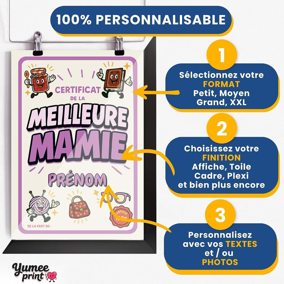 Personnalisez le certificat de la meilleure mamie en trois étapes : format, finition puis textes, avec son prénom et votre signature, imprimé et livré chez vous (exemple)