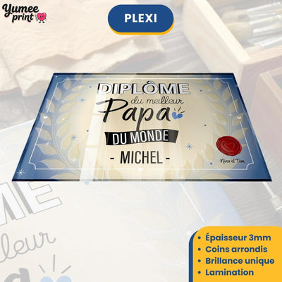 Diplôme « du meilleur papa du monde » sur plexiglas de 3 mm aux coins arrondis, finition brillante, avec son prénom et votre signature, livré chez vous (exemple)