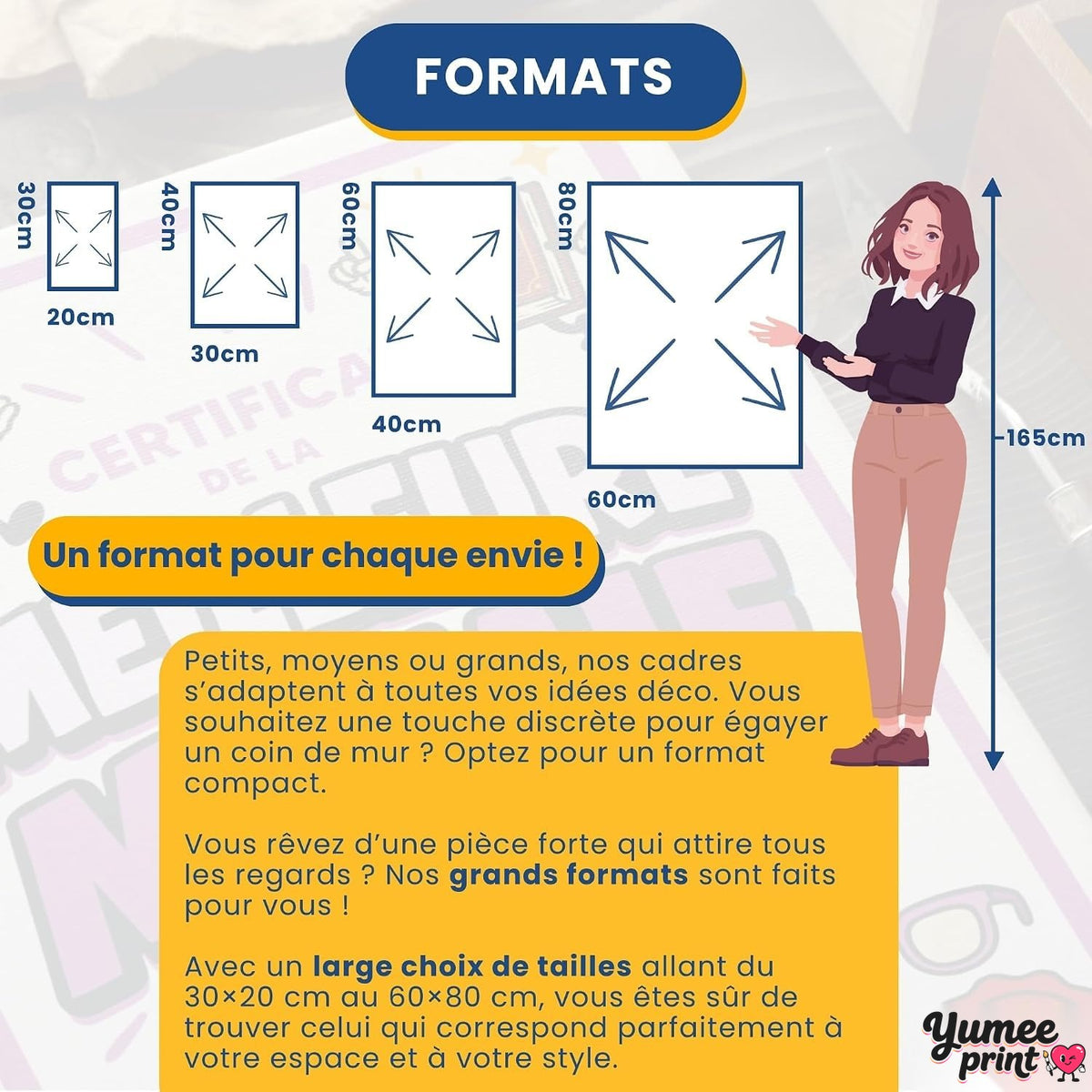 Certificat de la meilleure mamie en quatre formats : 30 x 20 cm, 40 x 30 cm, 60 x 40 cm et 80 x 60 cm, comparés à une personne pour juger de la taille