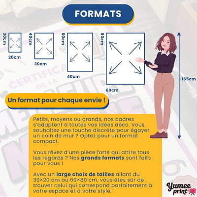Certificat de la meilleure mamie en quatre formats : 30 x 20 cm, 40 x 30 cm, 60 x 40 cm et 80 x 60 cm, comparés à une personne pour juger de la taille