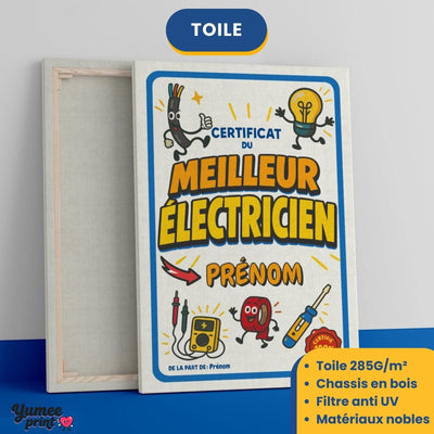 Certificat du meilleur électricien sur toile canvas tendue sur châssis en bois, vue de face et de dos, avec son prénom et votre signature, imprimé puis livré chez vous (exemple)
