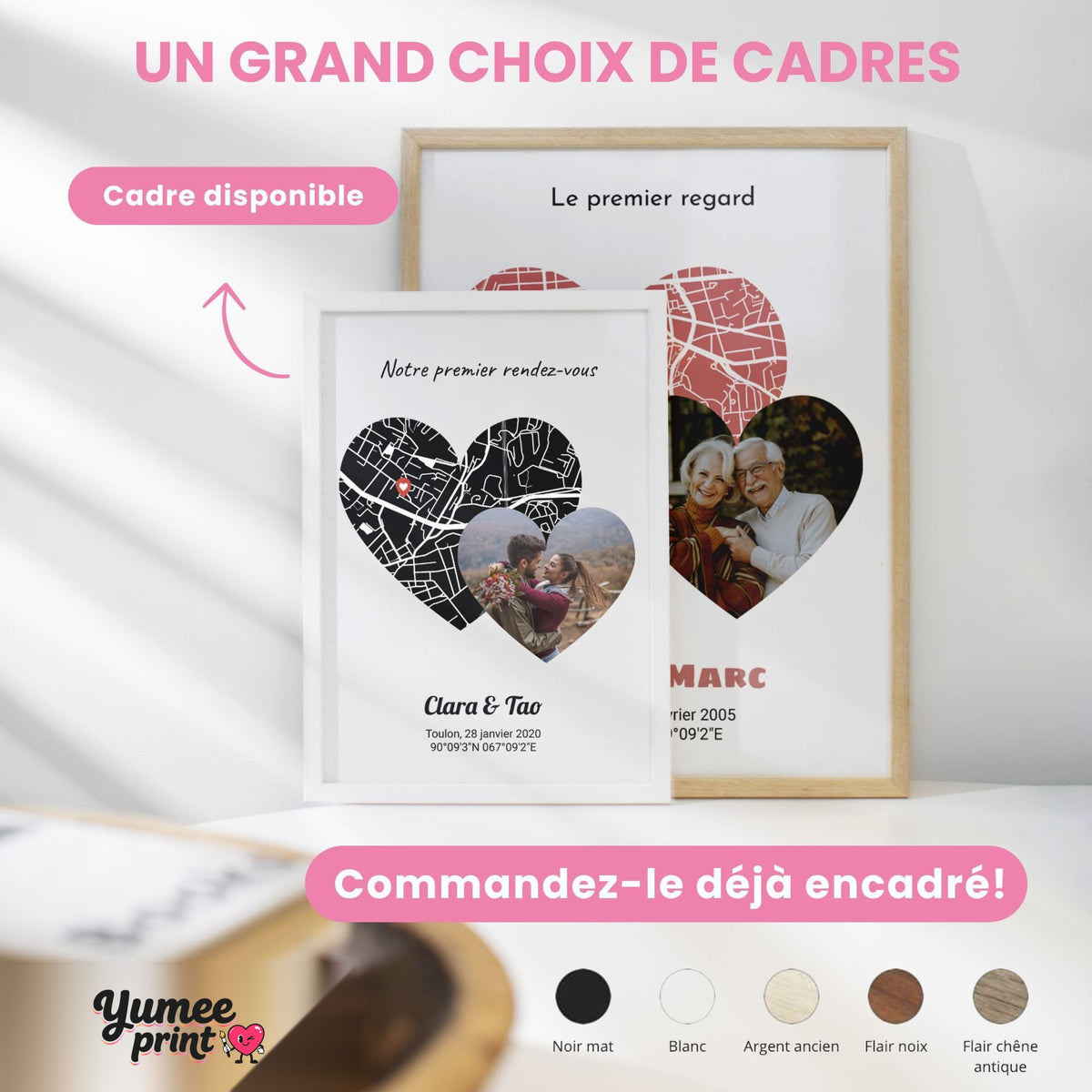 Cartes en cœur avec photo en cadre blanc et en cadre bois clair ; le cadre existe en noir, blanc, bois clair ou bois foncé, avec votre photo et vos prénoms, livré chez vous (exemple)