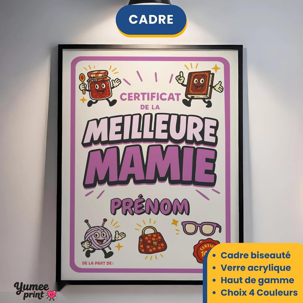 Certificat de la meilleure mamie en cadre noir avec verre acrylique, éclairé au mur ; cadre aussi en blanc, bois clair ou bois foncé, livré chez vous (exemple)
