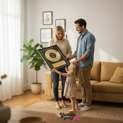 Exemple d'usage : disque d'or en cadre noir offert en famille, avec vos deux prénoms, la dédicace « décerné à » et votre date, imprimé et livré (exemple)