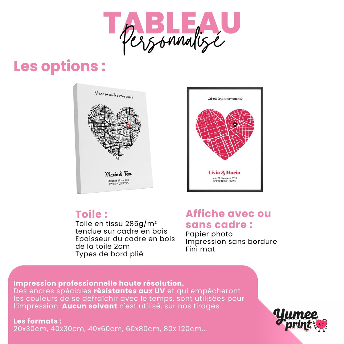 Carte en cœur sur toile canvas tendue sur châssis, ou en affiche (poster) avec ou sans cadre : votre lieu, votre phrase, vos prénoms et votre date, imprimés puis livrés chez vous (exemple)