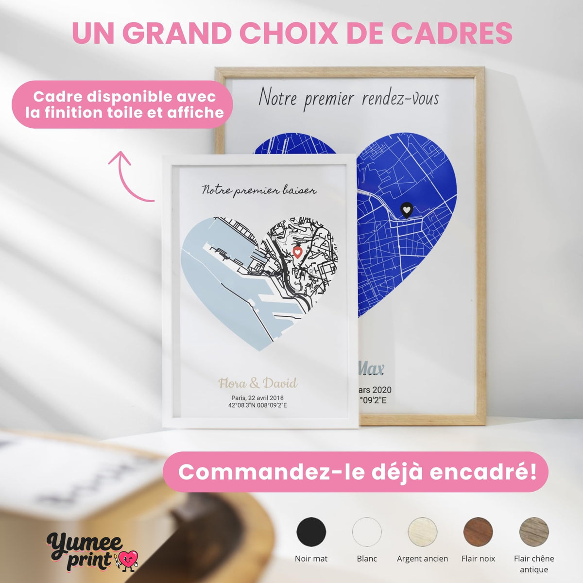 Cartes en cœur en cadre blanc et en cadre bois clair ; le cadre existe en noir, blanc, bois clair ou bois foncé, avec votre lieu, vos prénoms et votre date, livré chez vous (exemple)
