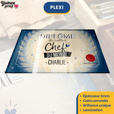 Diplôme « du meilleur chef du monde » sur plexiglas de 3 mm aux coins arrondis, finition brillante, avec son prénom et votre signature, livré chez vous (exemple)