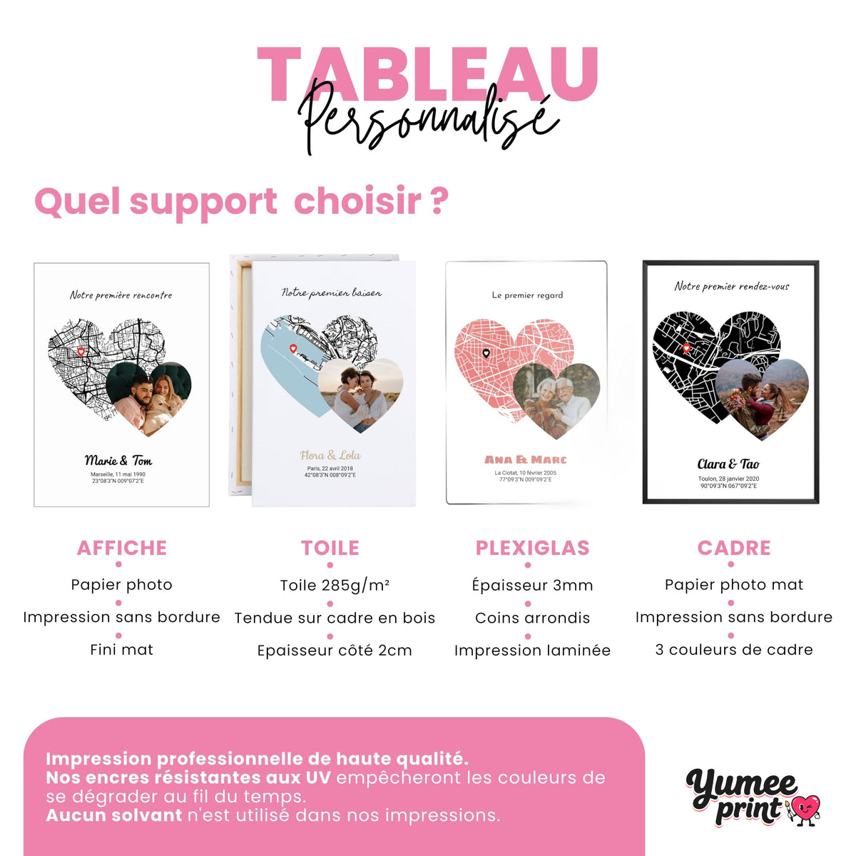 Carte en cœur avec photo en quatre finitions : affiche (poster), toile canvas, plexiglas ou cadre ; votre lieu, votre photo et vos prénoms, imprimés et livrés chez vous (exemple)