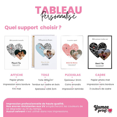 Carte en cœur avec photo en quatre finitions : affiche (poster), toile canvas, plexiglas ou cadre ; votre lieu, votre photo et vos prénoms, imprimés et livrés chez vous (exemple)