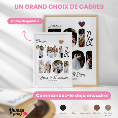 Tableaux Toi & Moi en cadre blanc et en cadre bois clair ; le cadre existe en noir, blanc, bois clair ou bois foncé, avec vos photos et vos prénoms, livré chez vous (exemple)