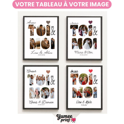Quatre tableaux Toi & Moi en cadre noir, chacun avec ses six photos, son cœur coloré, ses prénoms et sa date : vous envoyez vos photos, le tableau est imprimé et livré chez vous (exemple)