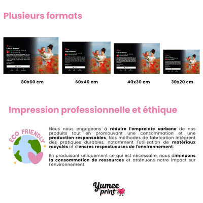 Affiche façon écran de streaming en quatre formats paysage : 80 x 60 cm, 60 x 40 cm, 40 x 30 cm et 30 x 20 cm, avec votre photo et vos textes, livrée chez vous (exemple)