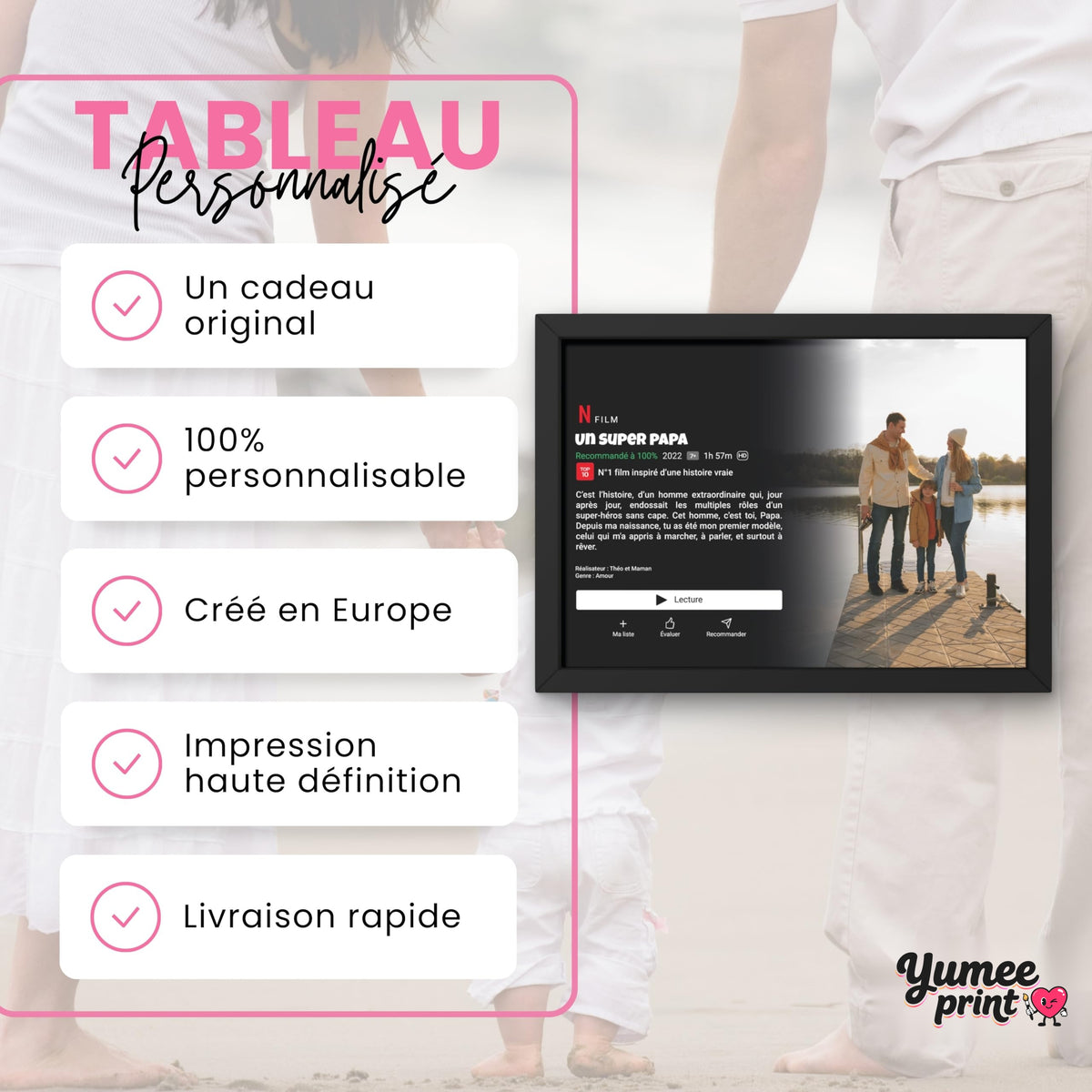 Affiche façon écran de streaming en cadre noir : un cadeau original et personnalisable, votre photo devient un film avec votre titre et votre texte, imprimé et livré chez vous (exemple)