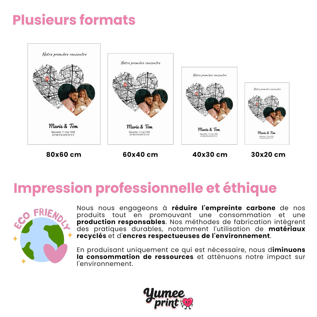 Carte en cœur avec photo en quatre formats : 80 x 60 cm, 60 x 40 cm, 40 x 30 cm et 30 x 20 cm, avec votre lieu, votre photo, vos prénoms et votre date, livrée chez vous (exemple)