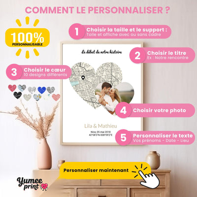 Personnalisez votre carte en cœur : support et format, phrase, teinte de la carte, votre photo, puis prénoms, date et lieu ; vous envoyez votre photo, la création est livrée chez vous (exemple)