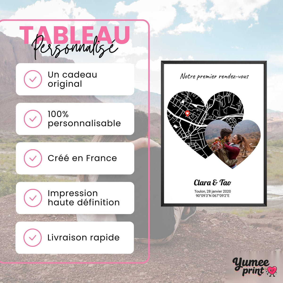 Carte en cœur noire avec votre photo en cœur, en cadre noir : un cadeau original et entièrement personnalisable, imprimé en haute définition et livré chez vous (exemple)