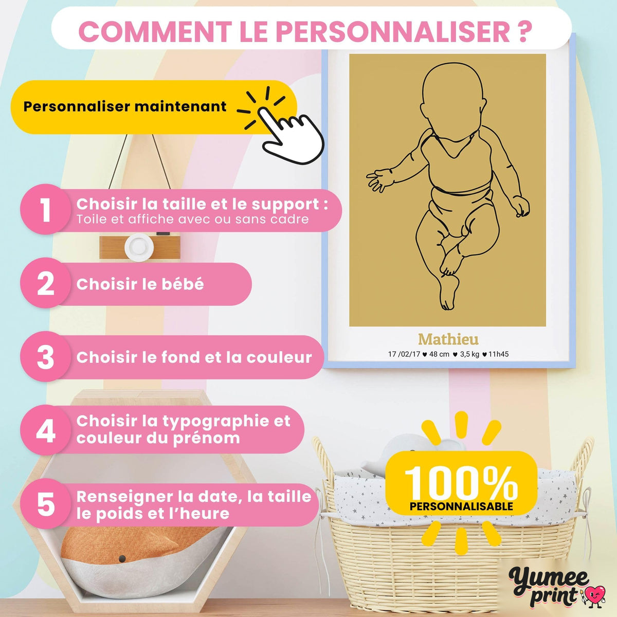 Personnalisez l'affiche de naissance : support et format, silhouette du bébé, forme arche ou rectangle, couleur, typographie du prénom, date, taille, poids et heure, livrée chez vous (exemple)
