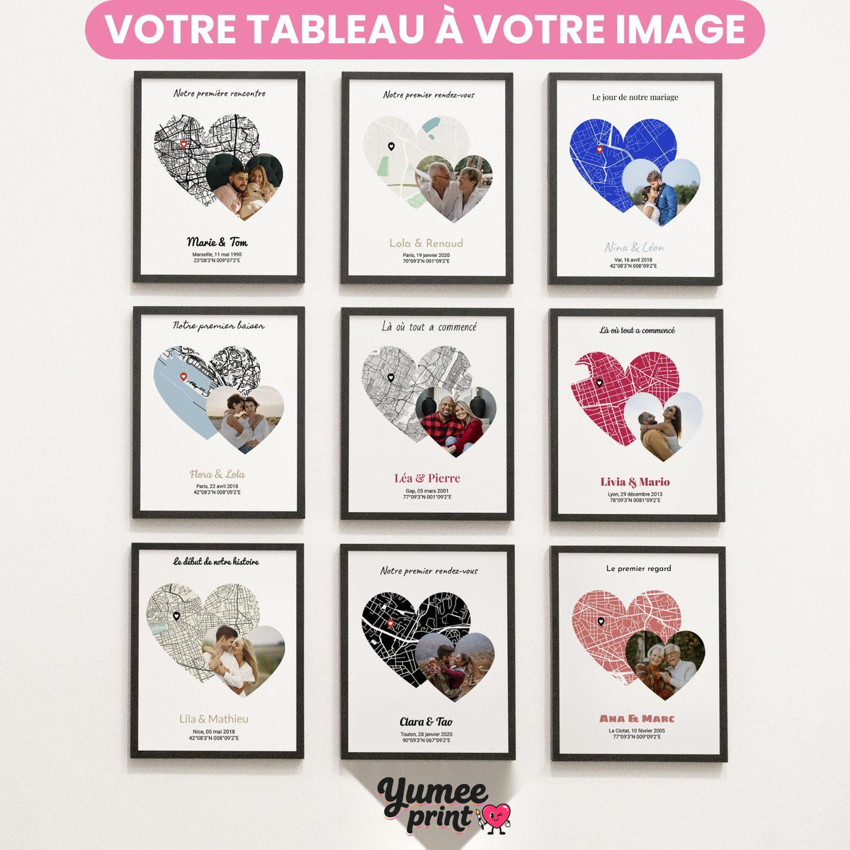Neuf cartes en cœur avec photo, aux teintes au choix (gris, encre, nuit, rétro, bord de mer, bleu, corail, carmin) : vous envoyez votre photo, la création est livrée chez vous (exemple)