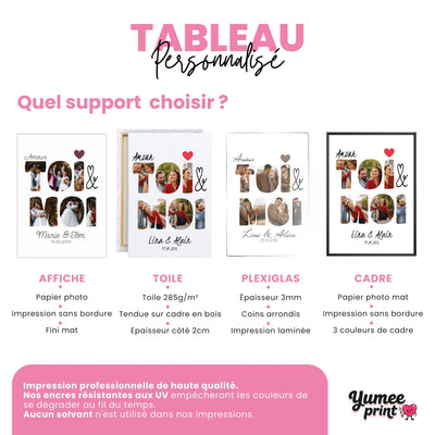 Toi & Moi en quatre finitions : affiche (poster), toile canvas, plexiglas ou cadre ; vos six photos, votre titre, vos prénoms et votre date, imprimés et livrés chez vous (exemple)