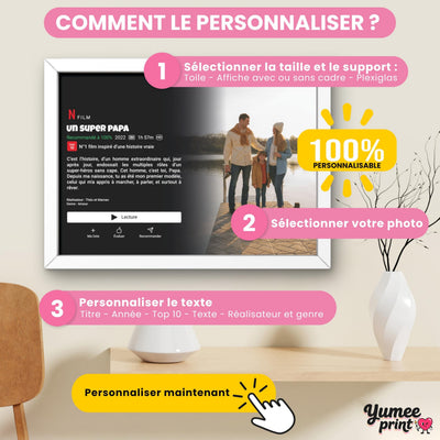 Personnalisez votre affiche façon écran de streaming : taille et support, votre photo, puis titre, année, texte, réalisateur et genre ; imprimée et livrée chez vous (exemple)
