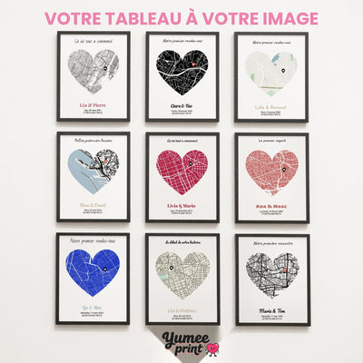 Neuf cartes en cœur aux teintes au choix (gris, encre, nuit, rétro, bord de mer, bleu, corail, carmin) : votre lieu, vos prénoms et votre date, imprimés et livrés chez vous (exemple)