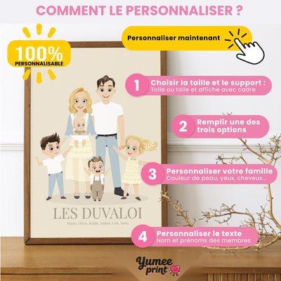 Personnalisez votre portrait de famille illustré : choisissez le support et le format, ajoutez votre photo, votre nom de famille et les prénoms, puis recevez-le chez vous