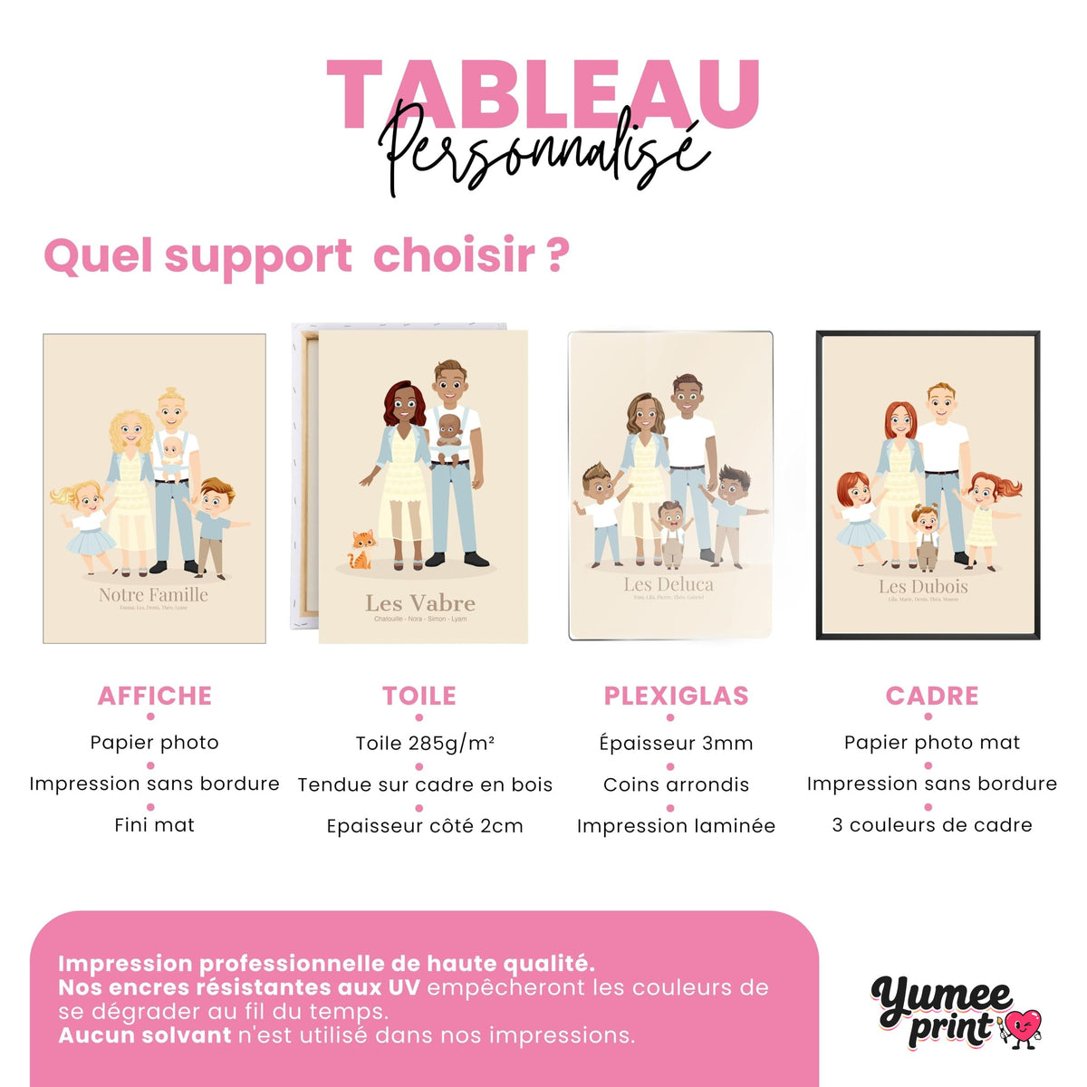 Quatre finitions pour votre portrait de famille illustré : affiche (poster), toile canvas, plexiglas aux coins arrondis ou cadre noir, blanc, bois clair ou bois foncé