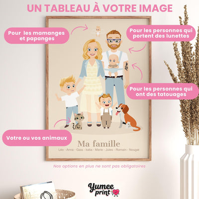 Portrait de famille illustré d'après votre photo, chaque membre transformé en personnage au trait doux, nom de famille et prénoms en bas, en cadre bois, imprimé et livré chez vous (exemple)