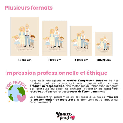 Portrait de famille illustré en quatre formats, 80 x 60 cm, 60 x 40 cm, 40 x 30 cm et 30 x 20 cm, à choisir en affiche (poster), toile canvas, plexiglas ou cadre