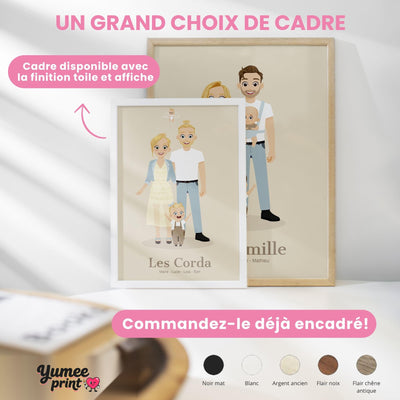 Portrait de famille illustré d'après votre photo, ici en cadre blanc et en cadre bois clair ; le cadre existe en noir, blanc, bois clair ou bois foncé, imprimé et livré chez vous (exemple)