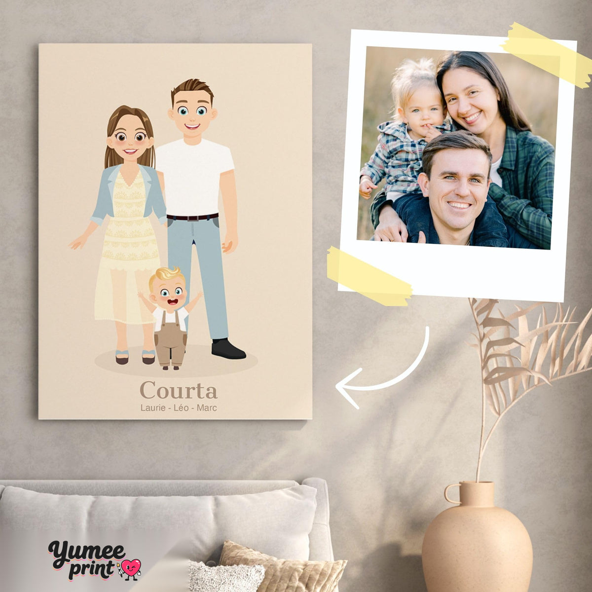 Votre photo devient un portrait de famille illustré, style dessin épuré sur fond beige, nom de famille et prénoms, en affiche (poster), toile canvas, plexiglas ou cadre, livré chez vous (exemple)