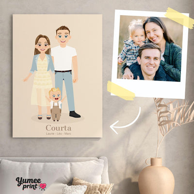 Votre photo devient un portrait de famille illustré, style dessin épuré sur fond beige, nom de famille et prénoms, en affiche (poster), toile canvas, plexiglas ou cadre, livré chez vous (exemple)