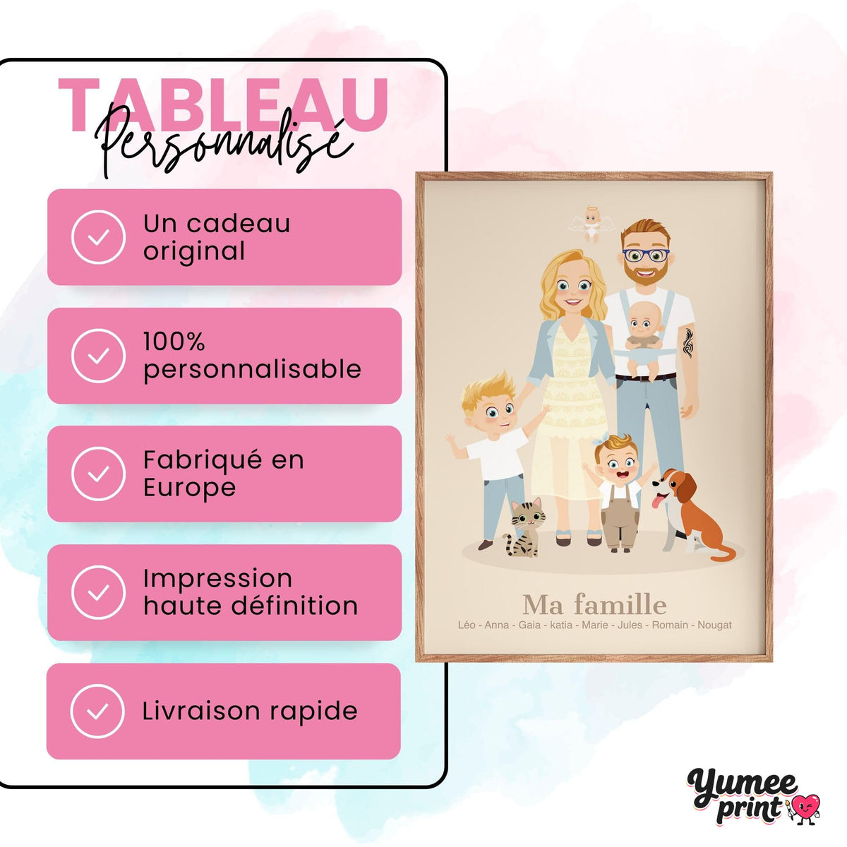 Portrait de famille illustré à offrir : un cadeau original et personnalisé avec votre photo, votre nom de famille et les prénoms, imprimé puis livré chez vous