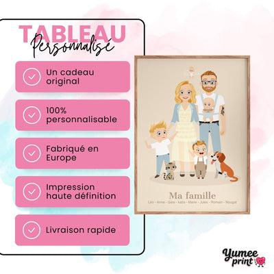 Portrait de famille illustré à offrir : un cadeau original et personnalisé avec votre photo, votre nom de famille et les prénoms, imprimé puis livré chez vous